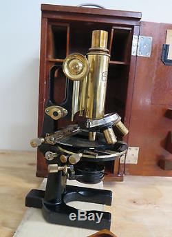 Antique Microscope Large Carl Zeiss Germany 4 Objectives Optics Slides In Box