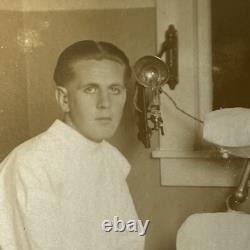 Antique Sepia Photograph Handsome Young Man Dentist Lots Of Equipment Medical