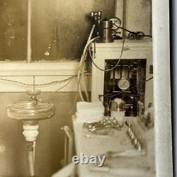 Antique Sepia Photograph Handsome Young Man Dentist Lots Of Equipment Medical