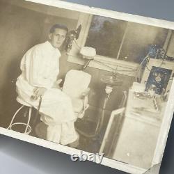 Antique Sepia Photograph Handsome Young Man Dentist Lots Of Equipment Medical