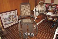 Antique Wooden Wicker Wheelchair 4 Wheels with Potty Chair Medical Equipment #1921