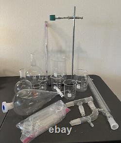 Lab Equipment Lot 22 Glass Pieces + Stand Clip Flasks Test Tubes Beakers Clean