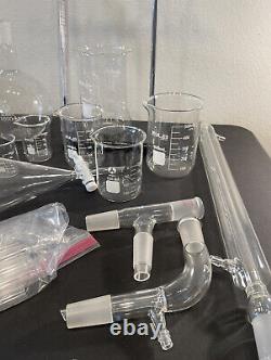 Lab Equipment Lot 22 Glass Pieces + Stand Clip Flasks Test Tubes Beakers Clean