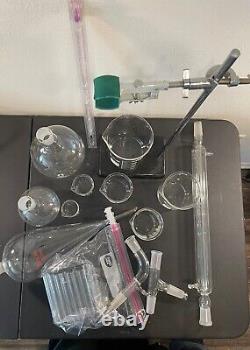Lab Equipment Lot 22 Glass Pieces + Stand Clip Flasks Test Tubes Beakers Clean