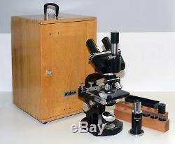 Nikon Trinocular microscope in makers box with 4 objectives 4 10 40 100 + extras