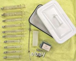 Vtg Glass Hypodermic Syringe Lot HYPO Medical Lab Dental Enamelware Storage Pan