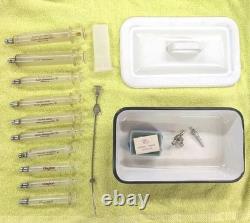 Vtg Glass Hypodermic Syringe Lot HYPO Medical Lab Dental Enamelware Storage Pan