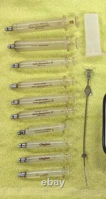 Vtg Glass Hypodermic Syringe Lot HYPO Medical Lab Dental Enamelware Storage Pan