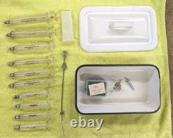 Vtg Glass Hypodermic Syringe Lot HYPO Medical Lab Dental Enamelware Storage Pan