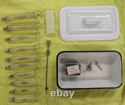 Vtg Glass Hypodermic Syringe Lot HYPO Medical Lab Dental Enamelware Storage Pan