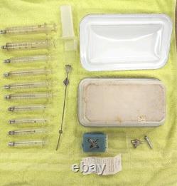 Vtg Glass Hypodermic Syringe Lot HYPO Medical Lab Dental Enamelware Storage Pan
