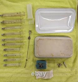 Vtg Glass Hypodermic Syringe Lot HYPO Medical Lab Dental Enamelware Storage Pan