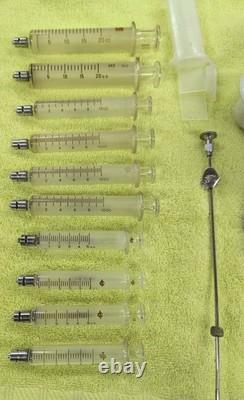 Vtg Glass Hypodermic Syringe Lot HYPO Medical Lab Dental Enamelware Storage Pan