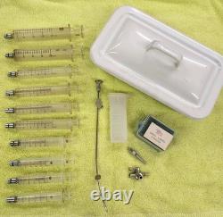 Vtg Glass Hypodermic Syringe Lot HYPO Medical Lab Dental Enamelware Storage Pan