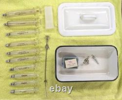 Vtg Glass Hypodermic Syringe Lot HYPO Medical Lab Dental Enamelware Storage Pan