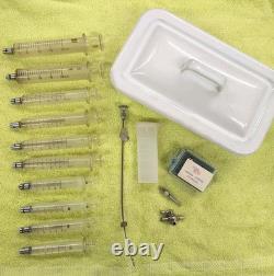 Vtg Glass Hypodermic Syringe Lot HYPO Medical Lab Dental Enamelware Storage Pan